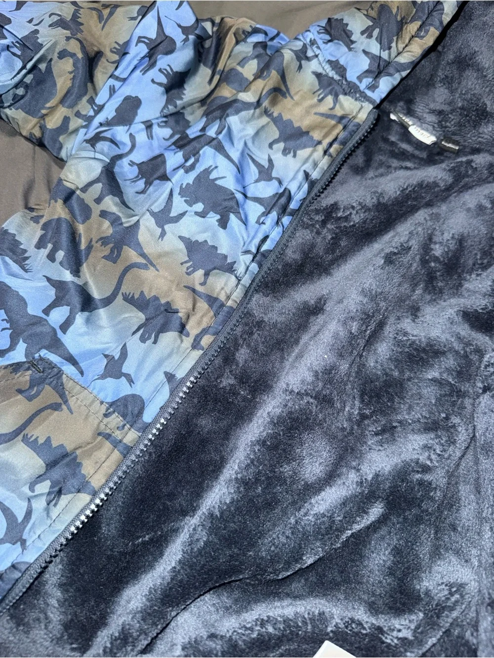 Children's Hooded Puffer Jacket in Blue Dinosaur Print